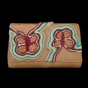 Upcycled Vintage Yarn & Bead Embellished Wavy Butterfly Brown Pleather Wallet